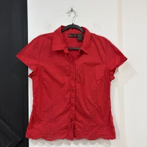DLG Red Embroidered Eyelet Button Up Blouse Size 12 Cotton Collared Cottage